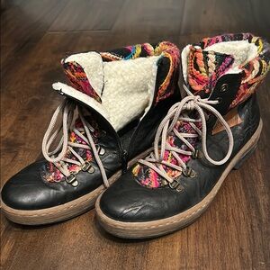 Black and Pink Lace Up Boots with Textured Leather